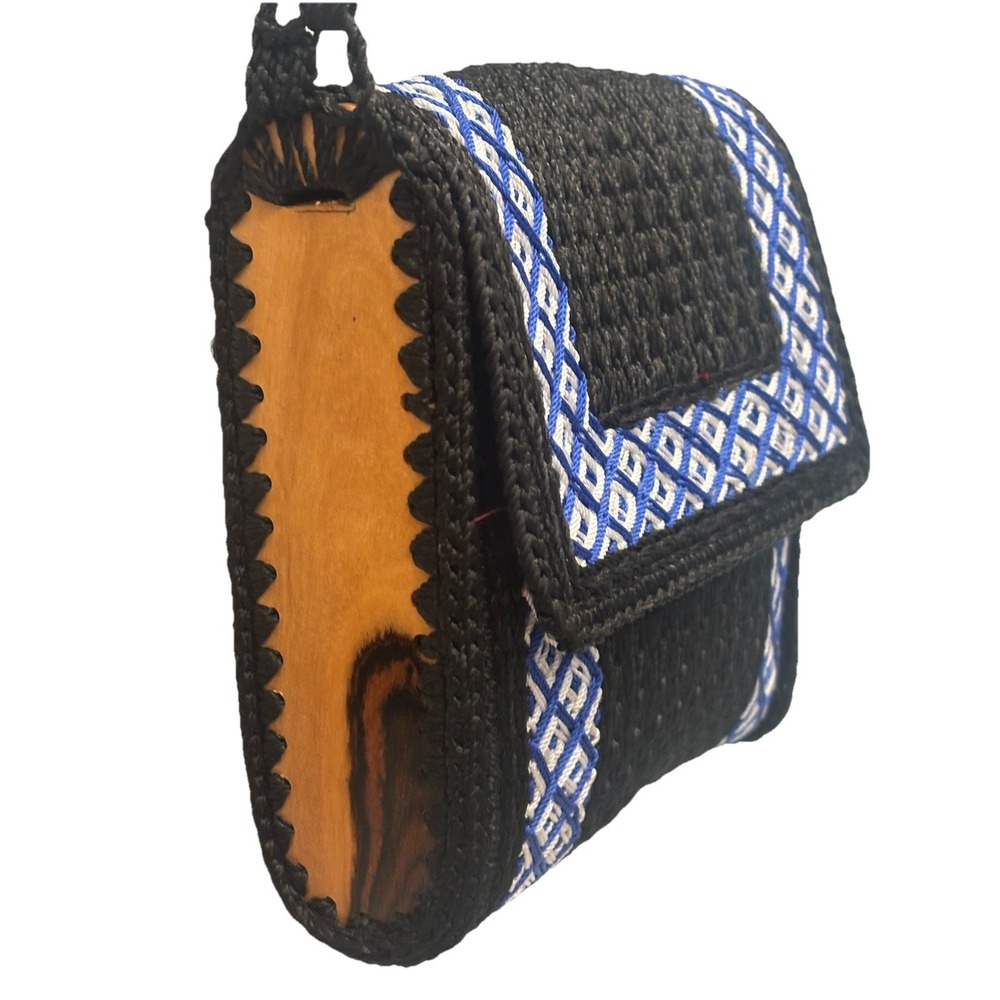 Macrame Handbag Black/Blue/White Wood Sides Boho Hippie Cottagecore Handmade New